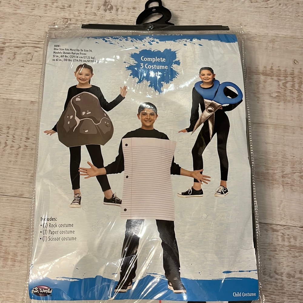 Rock paper scissors costume for three kids or small adults.